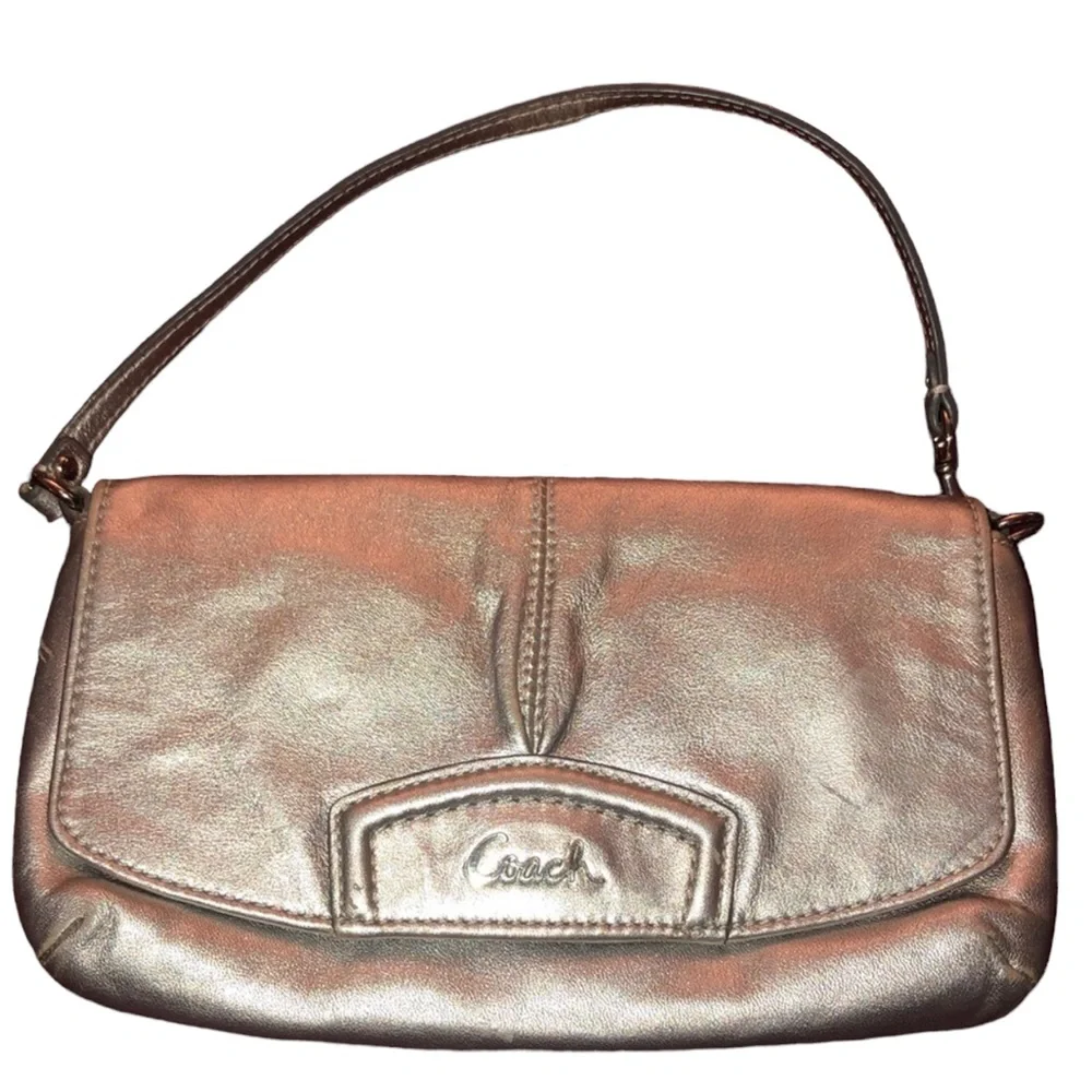 Coach  silver metallic genuine leather large wristlet or clutch 9” long  …